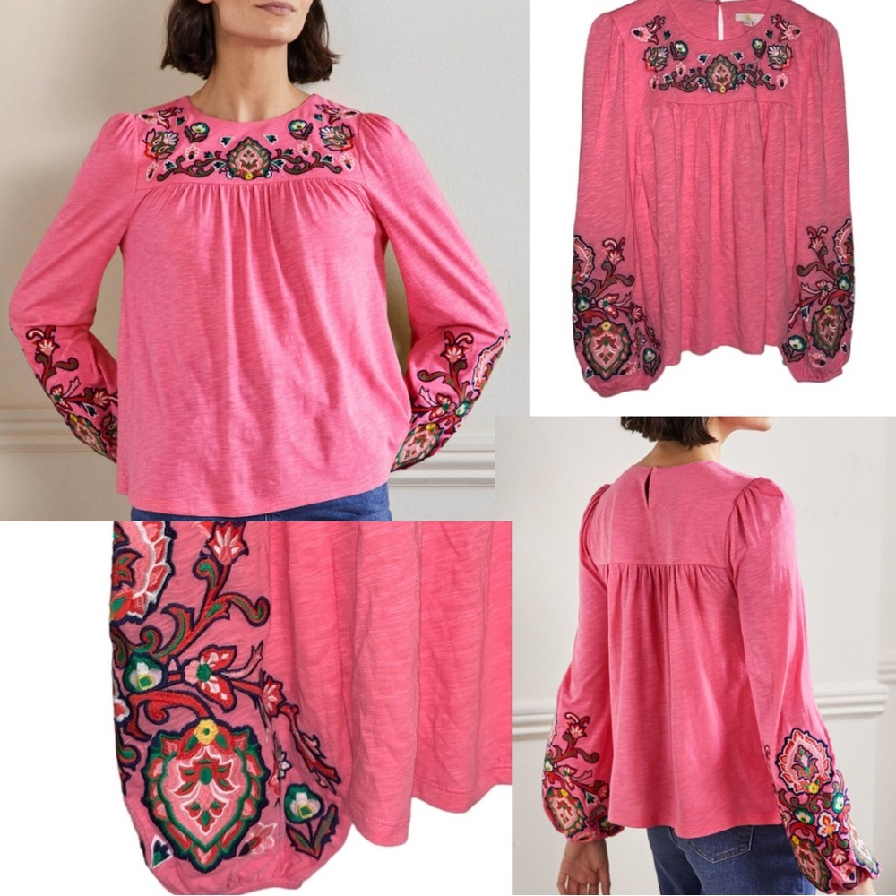 Boden embroidered blouson sleeve jersey top